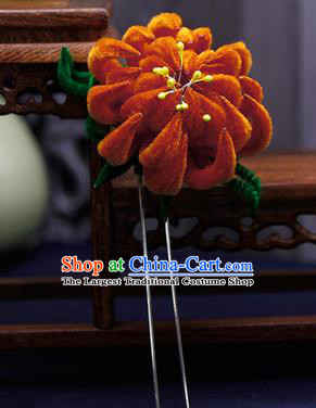 Traditional Chinese Handmade Qing Dynasty Orange Velvet Chrysanthemum Hairpins Ancient Imperial Consort Hair Accessories for Women