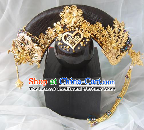 Chinese Qing Dynasty Manchu Imperial Consort Golden Phoenix Headwear Hairpins Ancient Handmade Queen Hair Accessories for Women