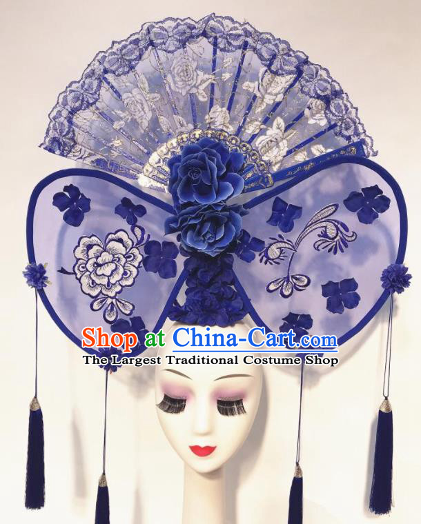 Handmade Chinese Stage Show Blue Lace Hair Clasp Hair Accessories Brazilian Carnival Catwalks Headdress for Women
