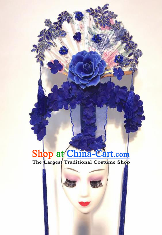 Handmade Chinese Stage Show Blue Peony Hair Clasp Hair Accessories Brazilian Carnival Catwalks Headdress for Women