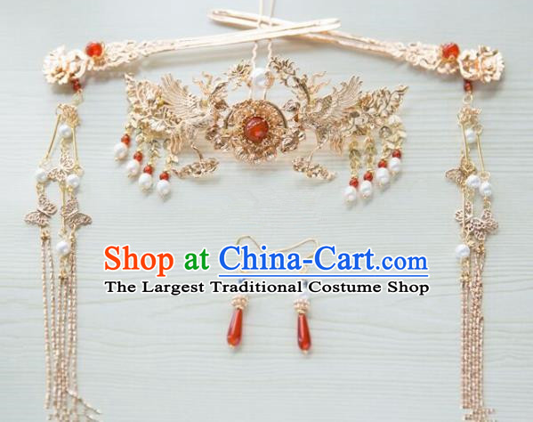 Chinese Handmade Hanfu Cranes Hair Crown Tassel Hairpins Traditional Ancient Princess Hair Accessories for Women