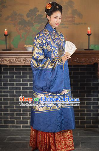 Chinese Ancient Ming Dynasty Royal Dowager Royalblue Hanfu Dress Traditional Imperial Madame Embroidered Historical Costume for Women