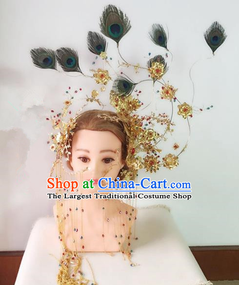 Traditional Chinese Handmade Hanfu Peacock Feather Phoenix Coronet Hairpins Ancient Tang Dynasty Imperial Consort Hair Accessories for Women
