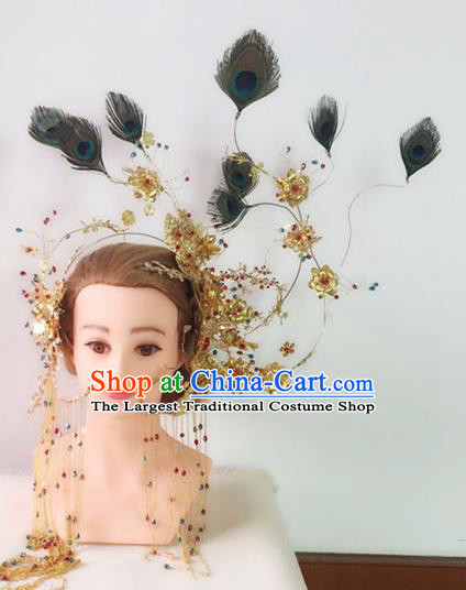 Traditional Chinese Handmade Hanfu Peacock Feather Phoenix Coronet Hairpins Ancient Tang Dynasty Imperial Consort Hair Accessories for Women