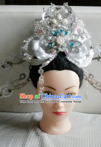 Handmade Chinese White Phoenix Coronet Traditional Hanfu Hairpins Ancient Ming Dynasty Princess Hair Accessories for Women