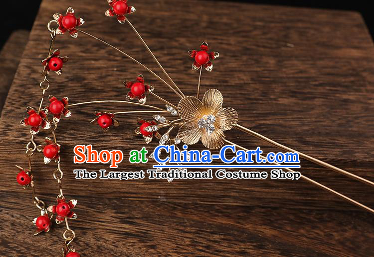 Handmade Chinese Wedding Red Beads Tassel Hairpins Ancient Traditional Hanfu Hair Accessories for Women