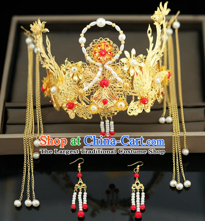 Handmade Chinese Ancient Wedding Hairpins Tassel Step Shake Pearls Phoenix Coronet Traditional Bride Hanfu Hair Accessories for Women