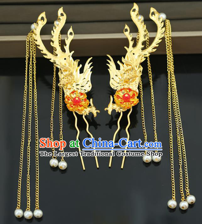 Handmade Chinese Ancient Wedding Hairpins Tassel Step Shake Pearls Phoenix Coronet Traditional Bride Hanfu Hair Accessories for Women