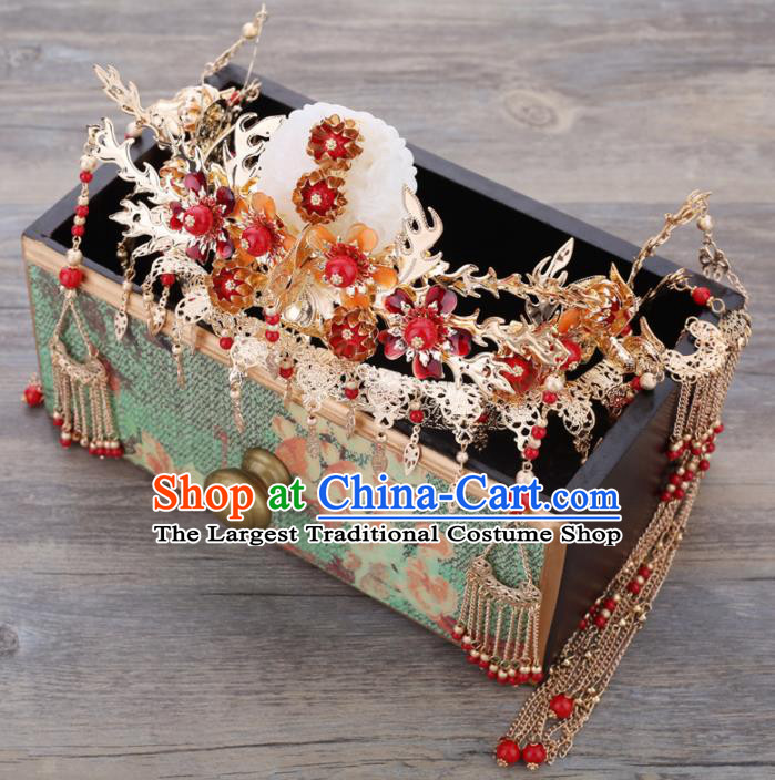 Handmade Chinese Ancient Wedding Bride Jade Phoenix Coronet Tassel Hairpins Traditional Hanfu Hair Accessories for Women