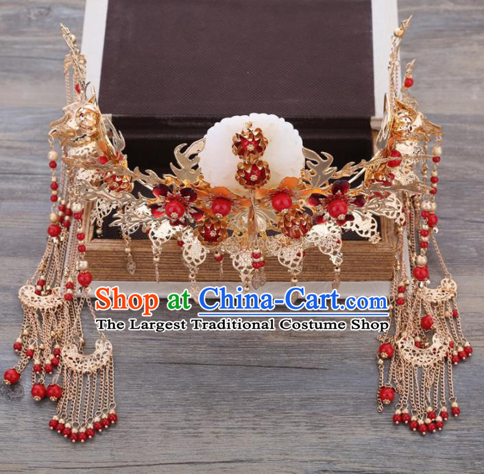 Handmade Chinese Ancient Wedding Bride Jade Phoenix Coronet Tassel Hairpins Traditional Hanfu Hair Accessories for Women