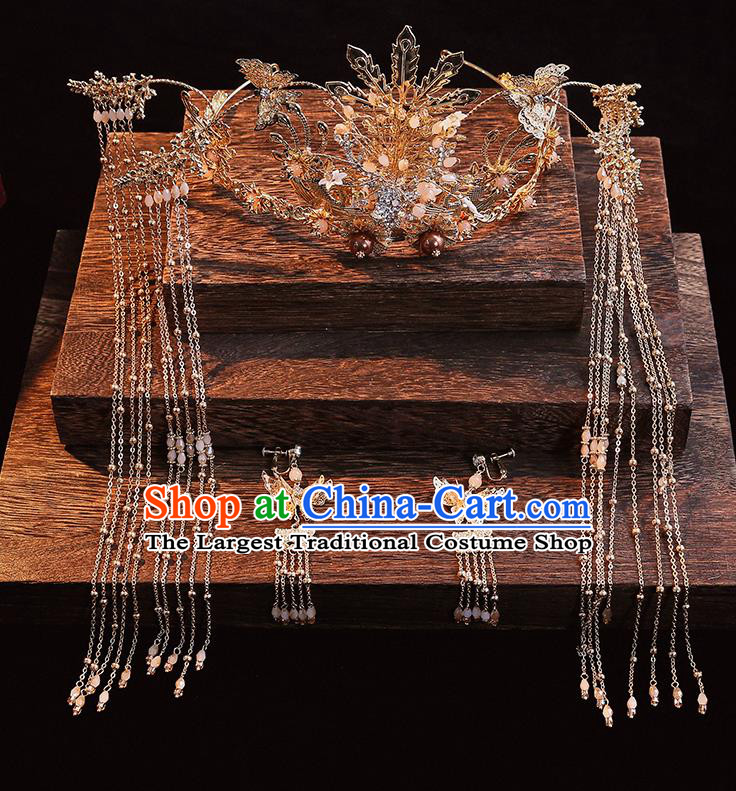 Handmade Chinese Wedding Tassel Phoenix Coronet Hairpins Ancient Traditional Hanfu Hair Accessories for Women