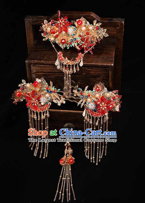 Handmade Chinese Wedding Red Flowers Hair Comb Hairpins Ancient Traditional Hanfu Hair Accessories for Women
