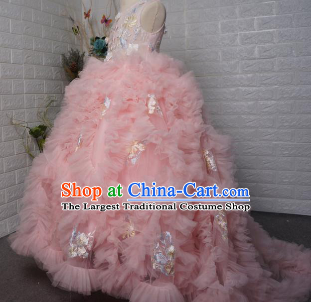 Top Grade Modern Fancywork Court Princess Pink Veil Trailing Dress Catwalks Compere Stage Show Dance Costume for Kids
