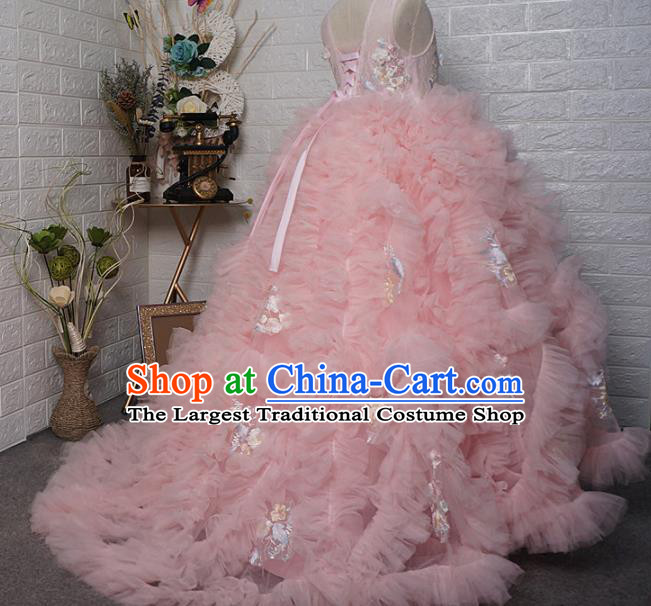 Top Grade Modern Fancywork Court Princess Pink Veil Trailing Dress Catwalks Compere Stage Show Dance Costume for Kids