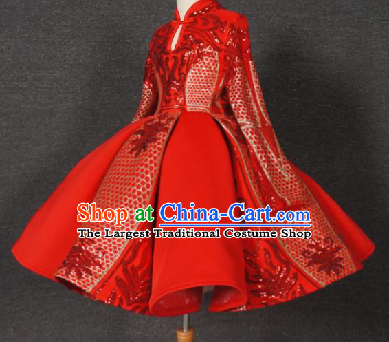 Top Grade Chinese Stage Performance Costume Catwalks Dance Embroidered Red Full Dress for Kids