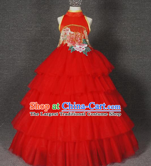 Top Grade Chinese Stage Performance Red Full Dress Catwalks Dance Embroidered Costume for Kids