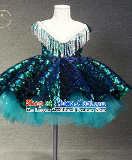 Top Grade Modern Fancywork Court Princess Green Paillette Dress Catwalks Compere Stage Show Dance Costume for Kids
