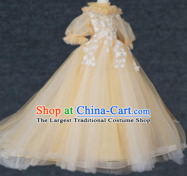 Top Grade Modern Fancywork Court Princess Yellow Veil Trailing Dress Catwalks Compere Stage Show Dance Costume for Kids