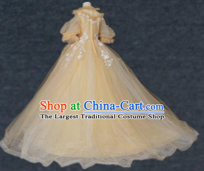 Top Grade Modern Fancywork Court Princess Yellow Veil Trailing Dress Catwalks Compere Stage Show Dance Costume for Kids