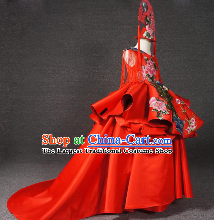 Chinese Stage Performance Embroidered Red Trailing Full Dress Catwalks Modern Fancywork Dance Costume for Kids
