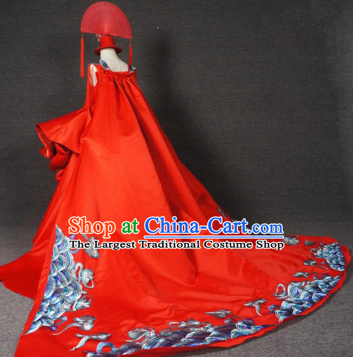 Chinese Stage Performance Embroidered Red Trailing Full Dress Catwalks Modern Fancywork Dance Costume for Kids