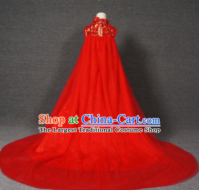 Chinese Stage Performance Embroidered Red Veil Trailing Full Dress Catwalks Modern Fancywork Dance Costume for Kids