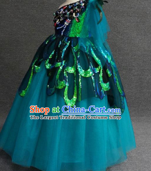 Top Grade Catwalks Court Princess Green Paillette Dress Compere Modern Fancywork Stage Show Dance Costume for Kids