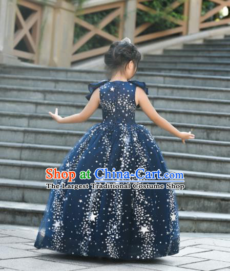 Top Grade Catwalks Court Princess Navy Veil Dress Compere Modern Fancywork Stage Show Dance Costume for Kids