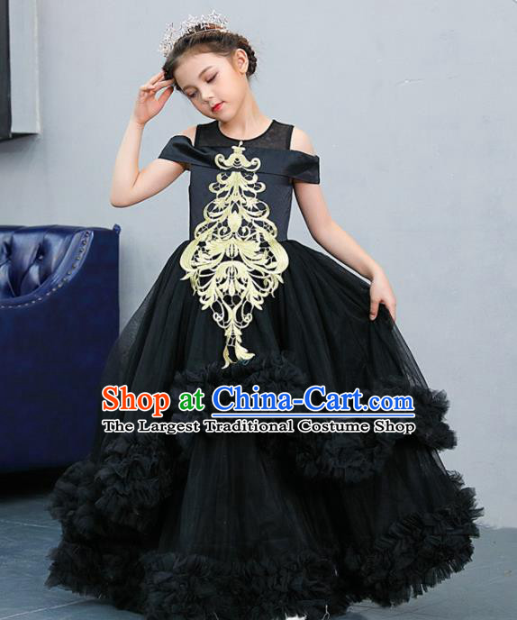 Top Grade Catwalks Court Princess Black Veil Dress Compere Modern Fancywork Stage Show Dance Costume for Kids