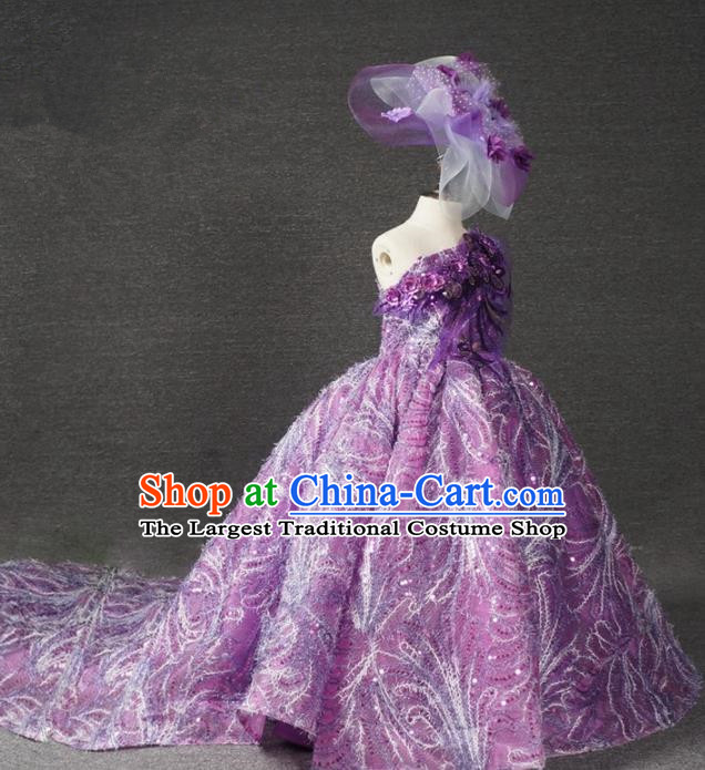 Top Grade Catwalks Court Princess Purple Trailing Dress Compere Modern Fancywork Stage Show Dance Costume for Kids