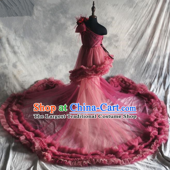Top Grade Catwalks Stage Show Rosy Veil Trailing Dress Modern Fancywork Compere Court Princess Dance Costume for Kids