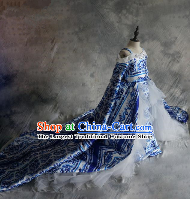 Chinese Stage Performance Court Trailing Full Dress Catwalks Modern Fancywork Dance Costume for Kids
