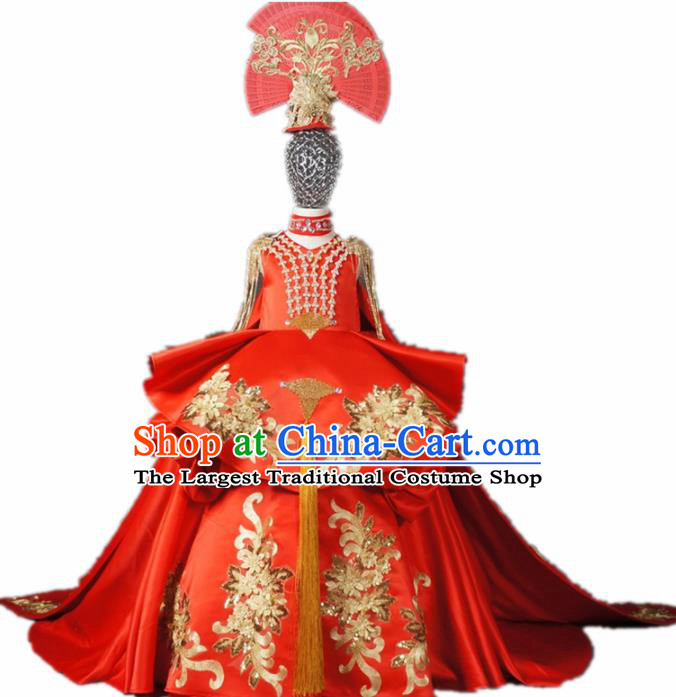 Chinese Stage Performance Embroidered Red Full Dress Catwalks Modern Fancywork Dance Costume for Kids