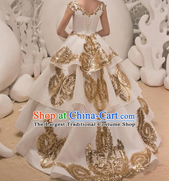 Top Grade Catwalks Stage Show Embroidered White Dress Modern Fancywork Compere Court Princess Dance Costume for Kids