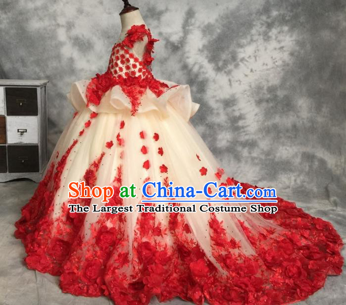 Top Grade Catwalks Stage Show Embroidered Rose Red Trailing Dress Modern Fancywork Compere Court Princess Dance Costume for Kids