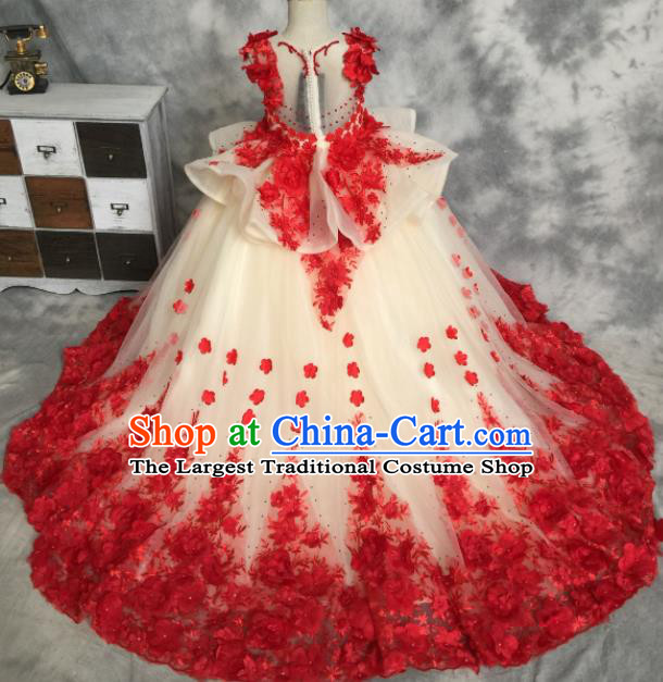 Top Grade Catwalks Stage Show Embroidered Rose Red Trailing Dress Modern Fancywork Compere Court Princess Dance Costume for Kids