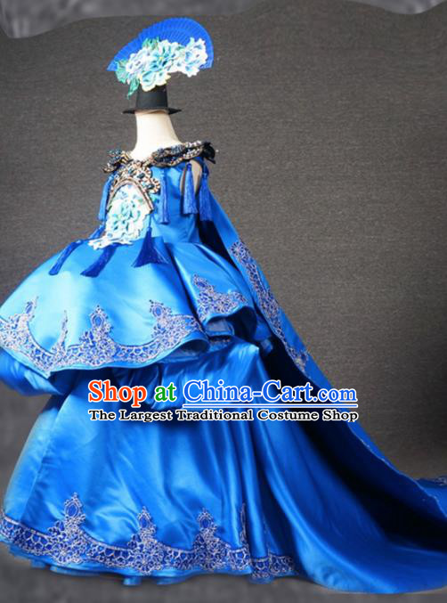 Chinese Stage Performance Embroidered Royalblue Full Dress Catwalks Modern Fancywork Dance Costume for Kids