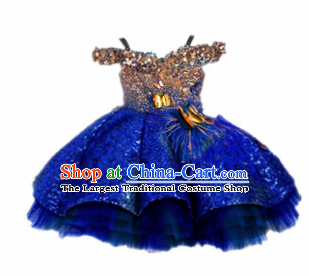 Top Grade Stage Show Costume Catwalks Princess Royalblue Paillette Bubble Full Dress for Kids
