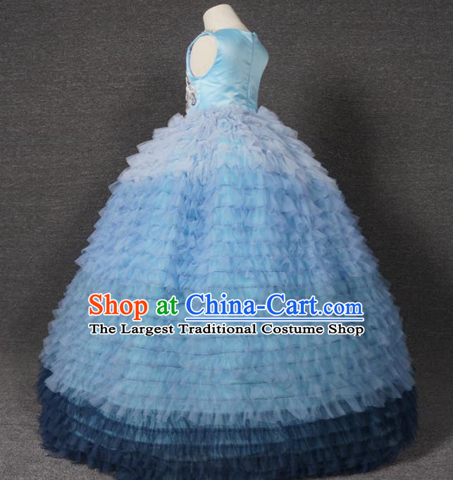 Top Grade Catwalks Court Princess Blue Veil Dress Compere Modern Fancywork Stage Show Dance Costume for Kids