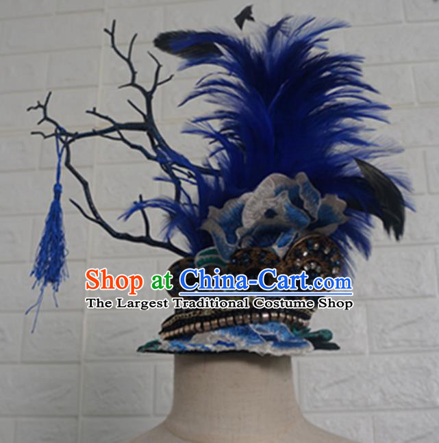 Top Grade Handmade Stage Show Branch Hair Accessories Halloween Cosplay Blue Feather Top Hat Headwear for Kids