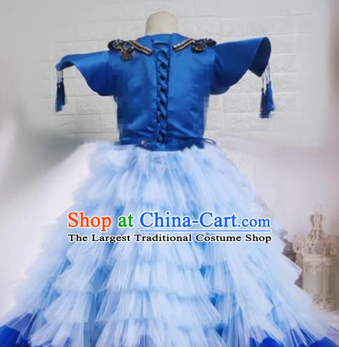 Top Grade Chinese Stage Show Costume Catwalks Dance Blue Full Dress for Kids