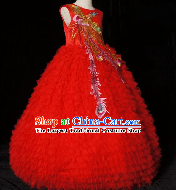 Top Grade Chinese Stage Show Costume Catwalks Dance Embroidered Red Full Dress for Kids