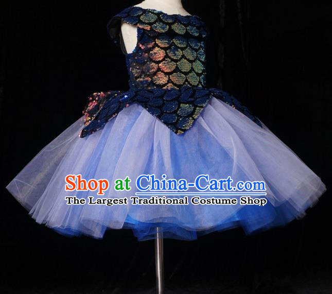 Top Grade Stage Show Dance Compere Blue Bubble Veil Full Dress Catwalks Court Princess Costume for Kids
