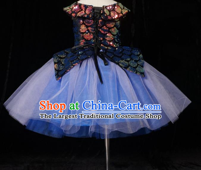 Top Grade Stage Show Dance Compere Blue Bubble Veil Full Dress Catwalks Court Princess Costume for Kids
