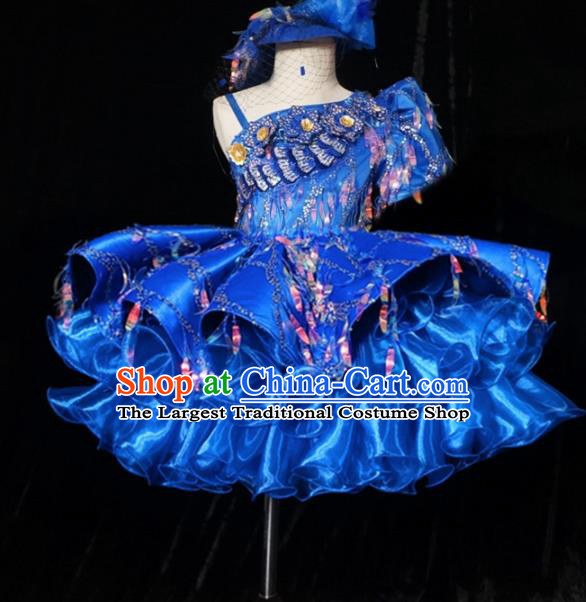 Top Grade Chinese Stage Show Costume Catwalks Dance Embroidered Blue Bubble Full Dress for Kids