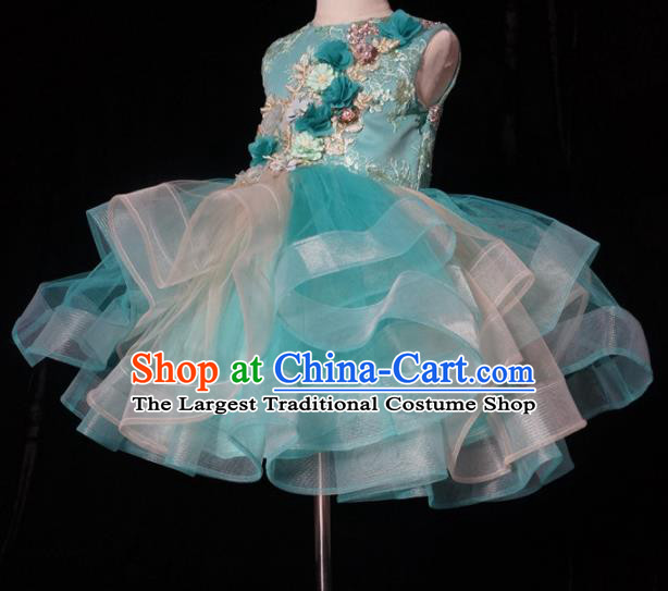 Top Grade Stage Show Dance Green Veil Short Full Dress Catwalks Court Princess Costume for Kids