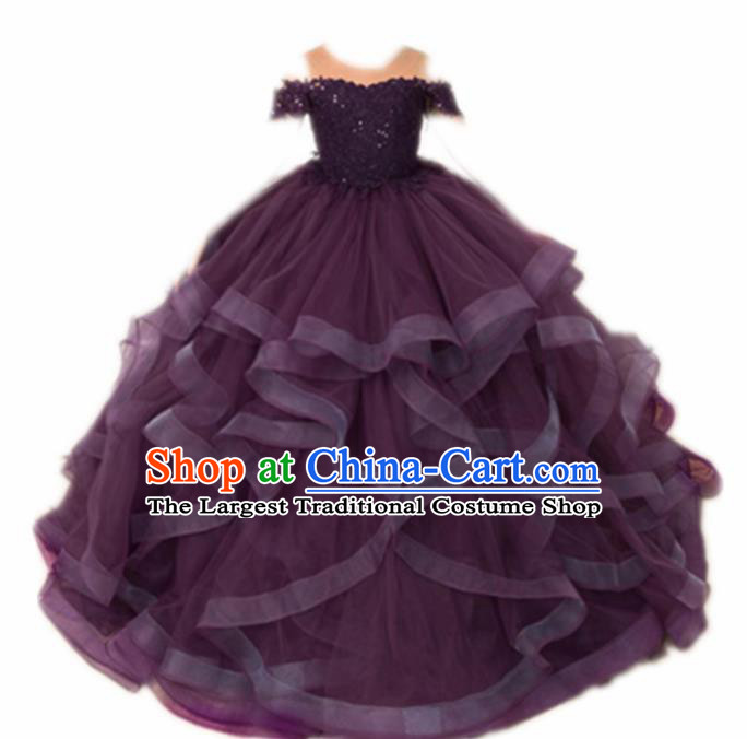 Top Grade Stage Show Compere Deep Purple Veil Dress Catwalks Court Princess Dance Costume for Kids