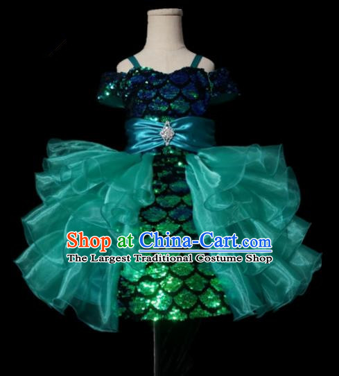 Top Grade Stage Show Compere Green Veil Bubble Dress Catwalks Court Princess Dance Costume for Kids
