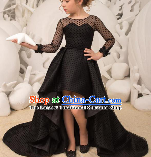 Top Grade Stage Show Compere Black Trailing Dress Catwalks Court Princess Dance Costume for Kids