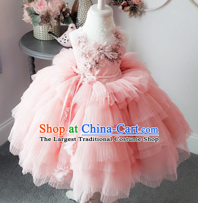 Top Grade Modern Fancywork Court Princess Compere Pink Dress Catwalks Stage Show Dance Costume for Kids